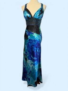 Cache Blue and Teal Beaded Neck Gown
